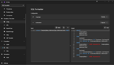 DevToys (Windows App) -SQL formatter, JSON formatter, and many more converts